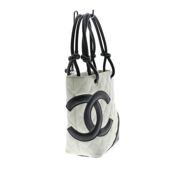 Chanel Cambon Line Small Tote White Black Line Leather Bag Coco Mark - Picture 2 of 15